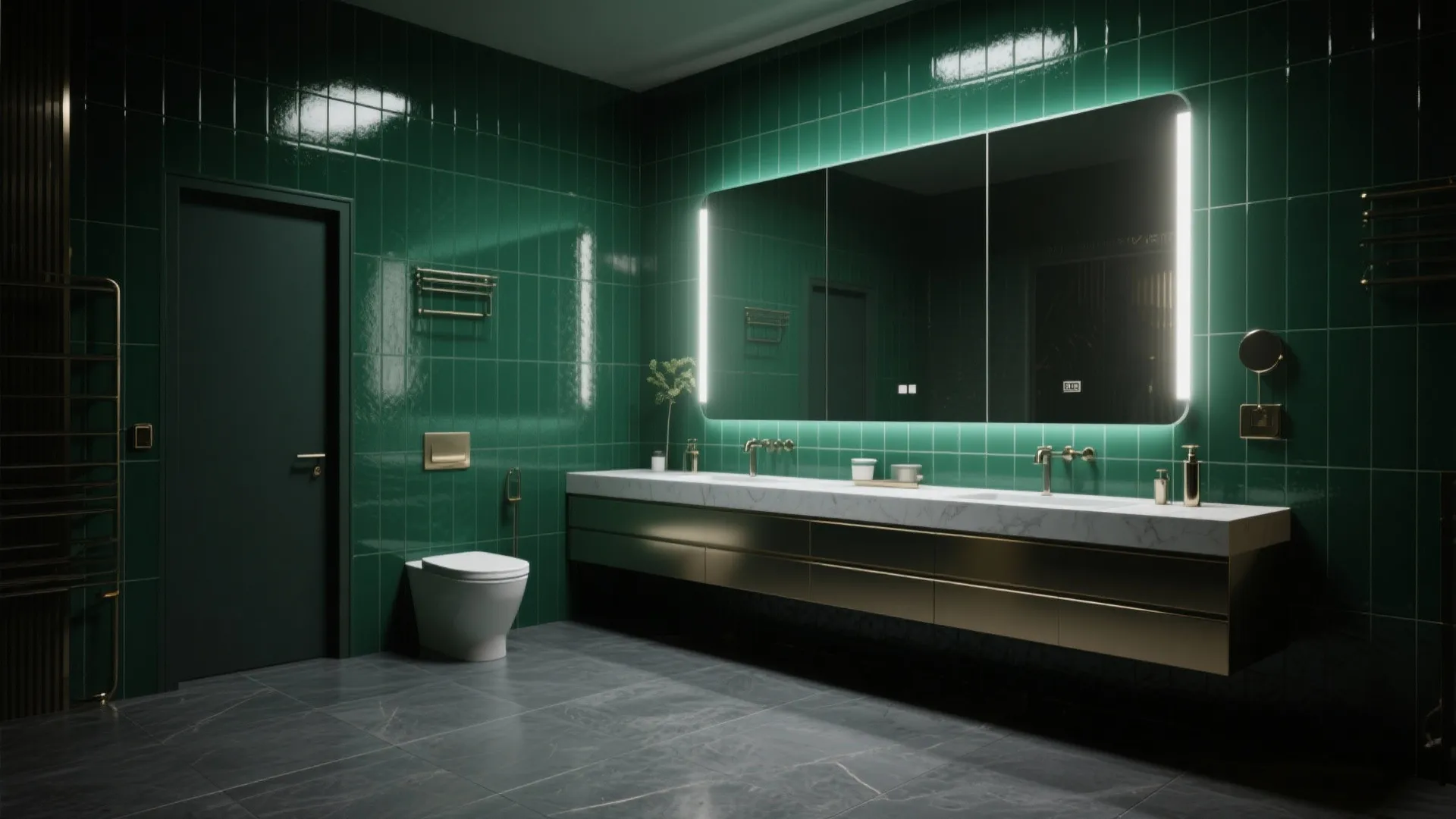 Luxury green tiled bathroom with large lighted mirror long floating cabinet white toilet and dark floor
