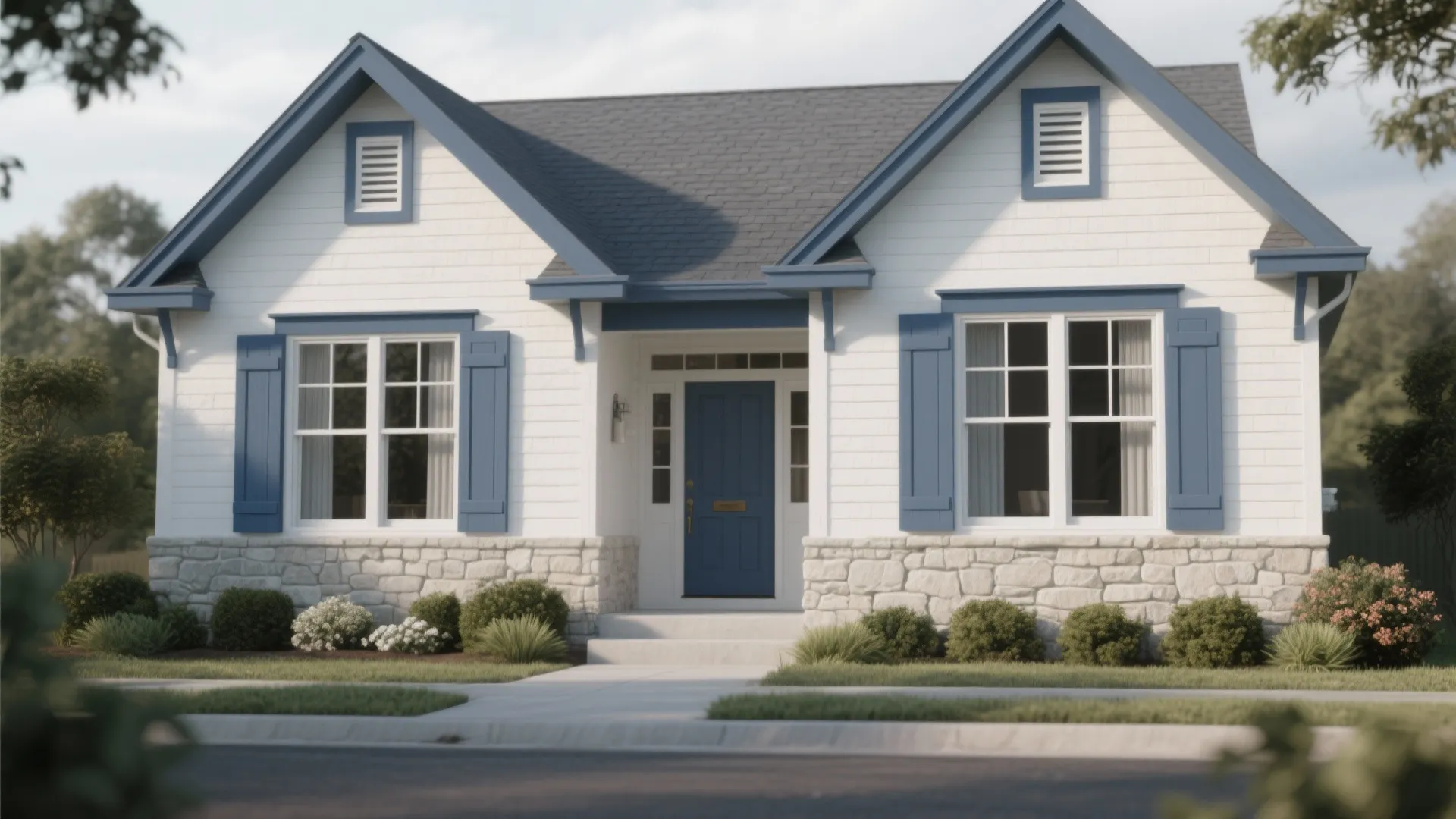 Small white house exterior with blue front door blue window shutters and stone wall base