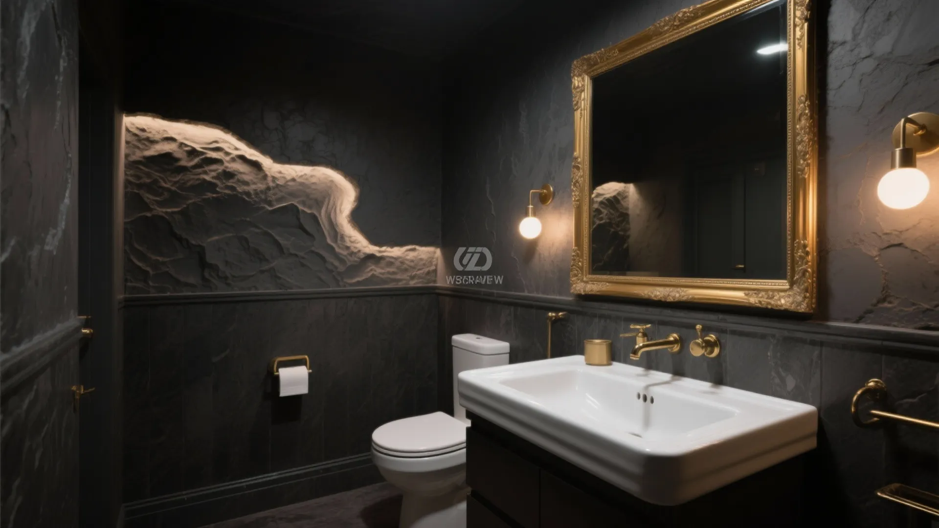 Slate gray powder room with dramatic lighting