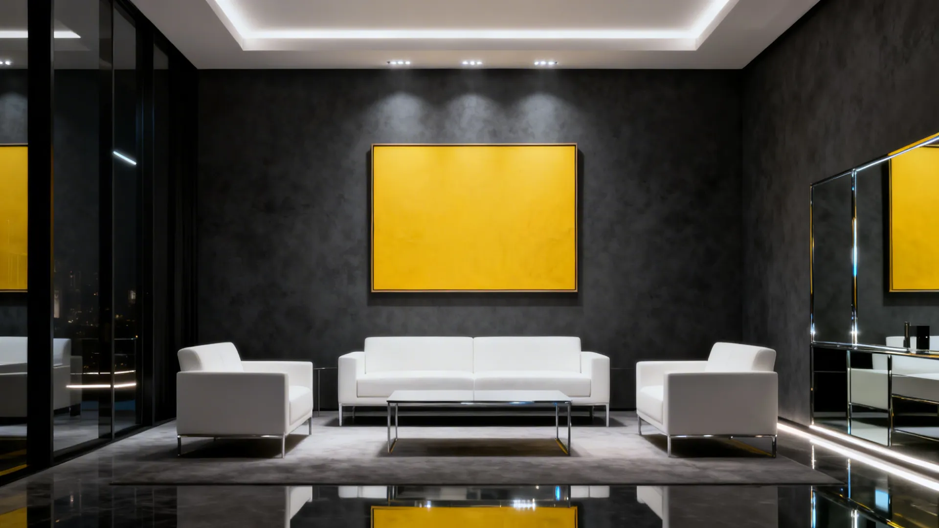 Slate-gray accent wall with yellow artwork and white furniture creating a dramatic focal point.