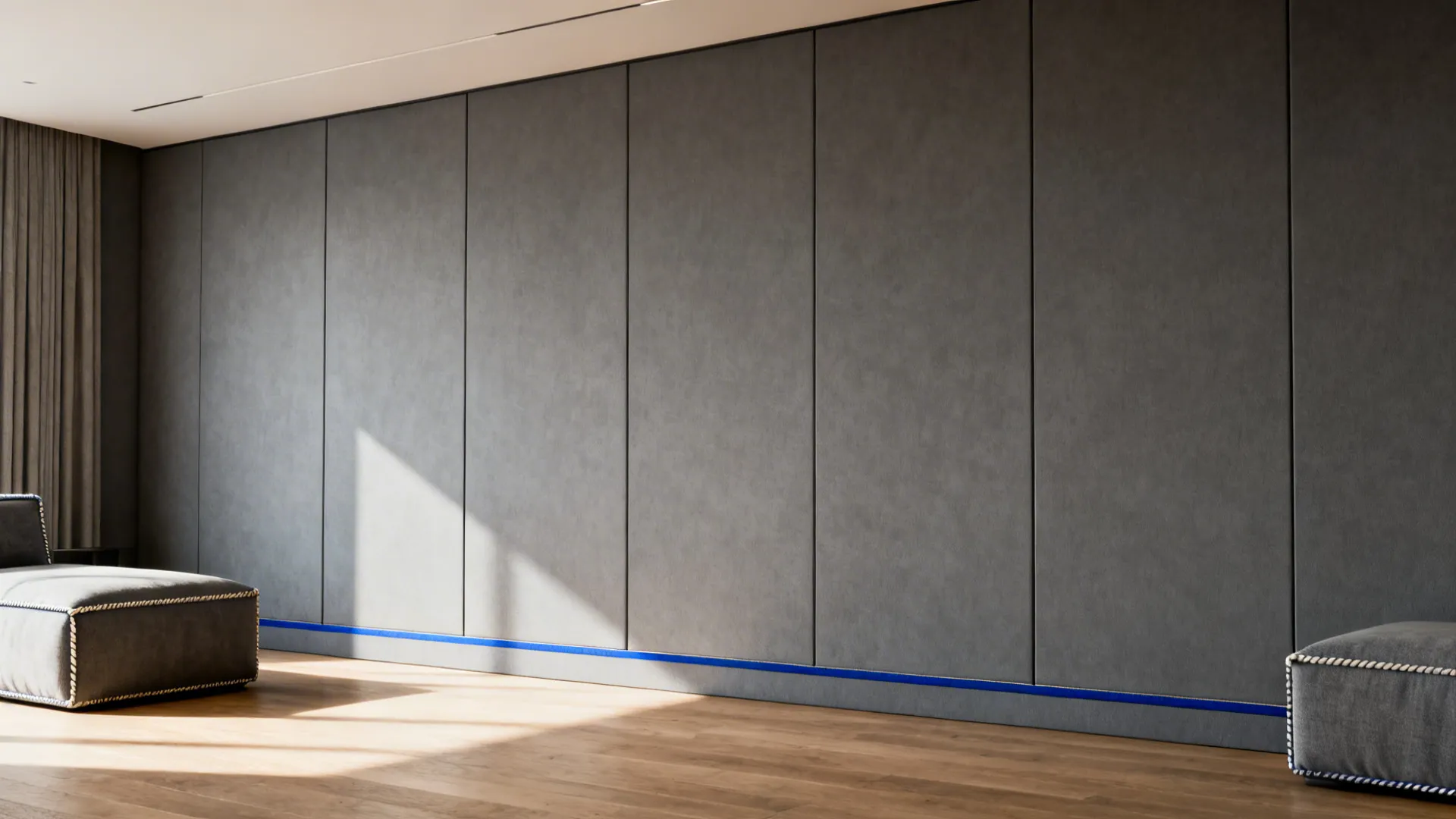 Luxurious floor-to-ceiling slate grey panels with narrow blue piping that create a tailored, high-end look.