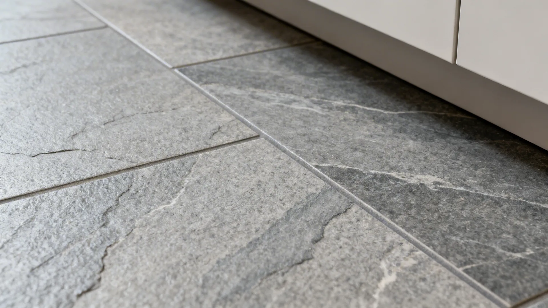 Macro of slate-grey stone-look porcelain with micro-texture and mid-grey grout.