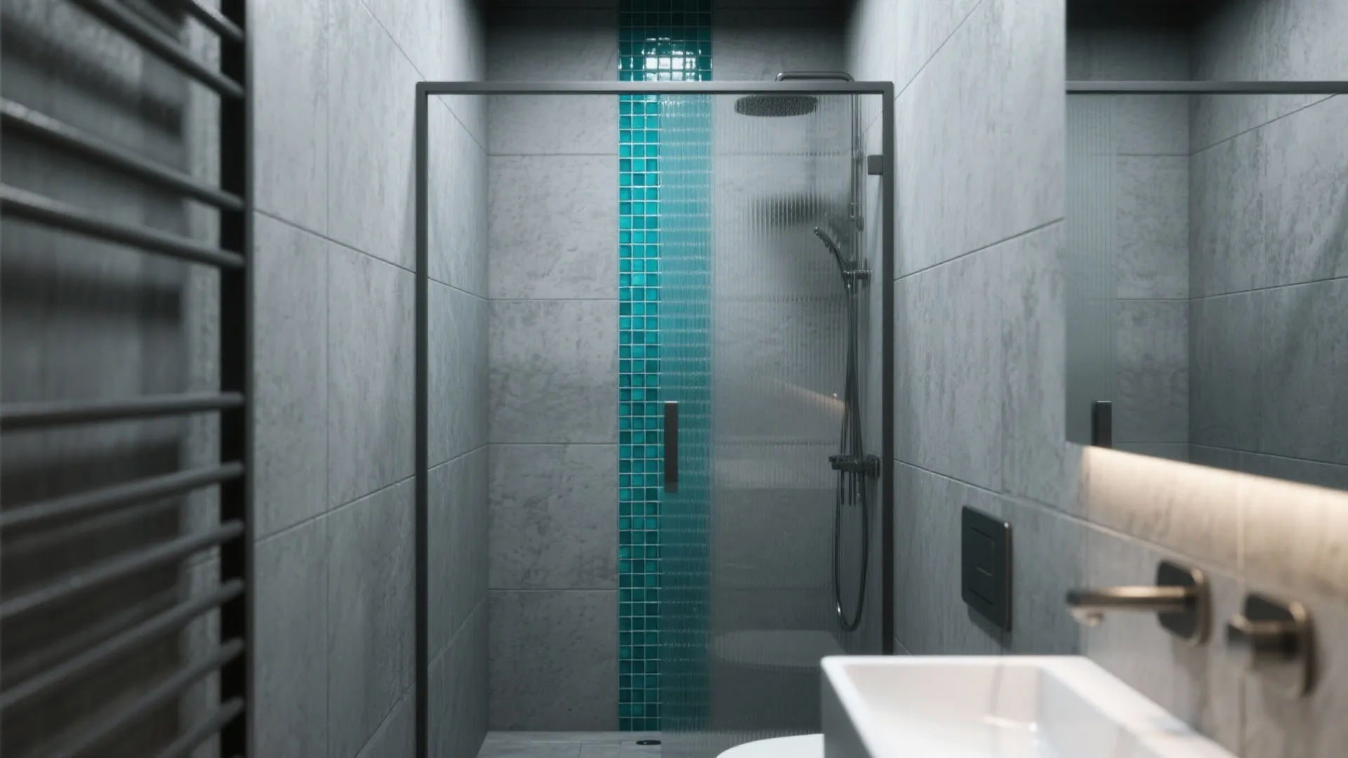Compact ensuite with matte slate grey walls and a teal mosaic shower niche