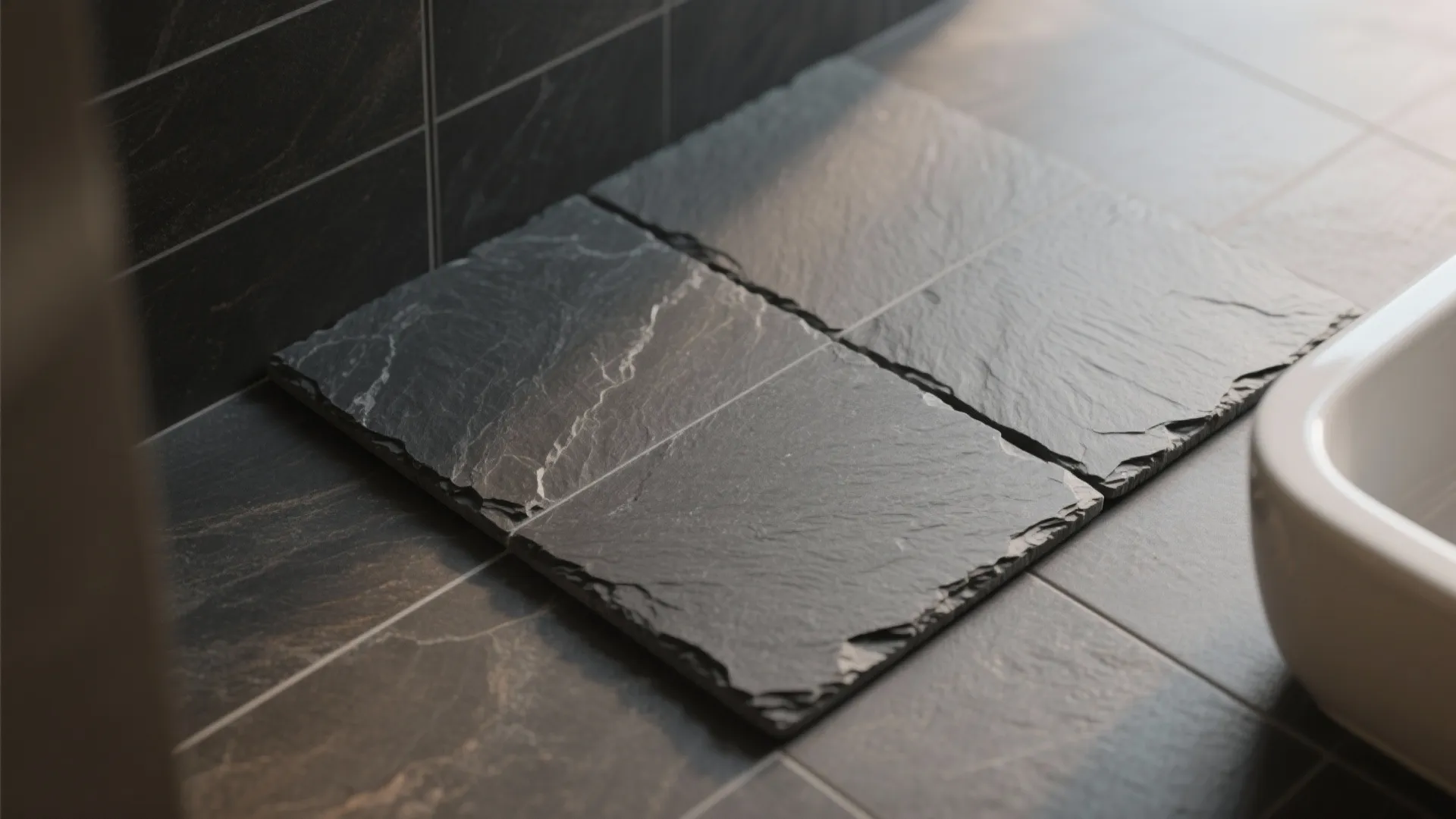 Large-format slate and tight grout for a calmer room