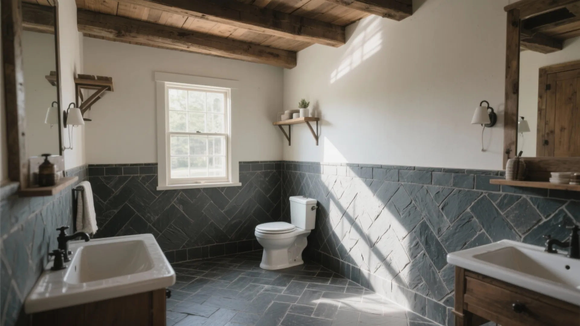 Modern bathroom featuring dark grey wall tiles white toilet wood ceiling beams and twin sinks