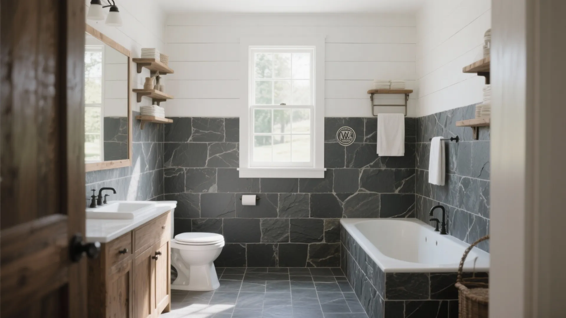 Modern bathroom with dark grey stone wall tiles white toilet bathtub wood cabinet and window
