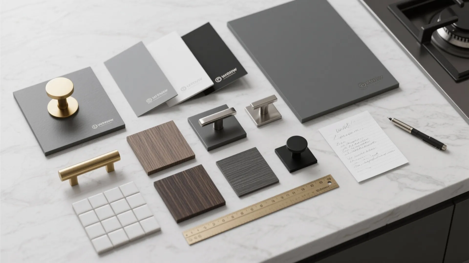 Flatlay of slate grey paint chips, hardware finishes and wood veneer samples for kitchen planning.