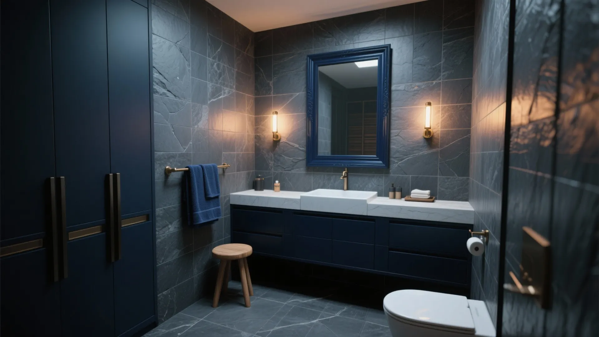 2. Slate tiles + navy accents
