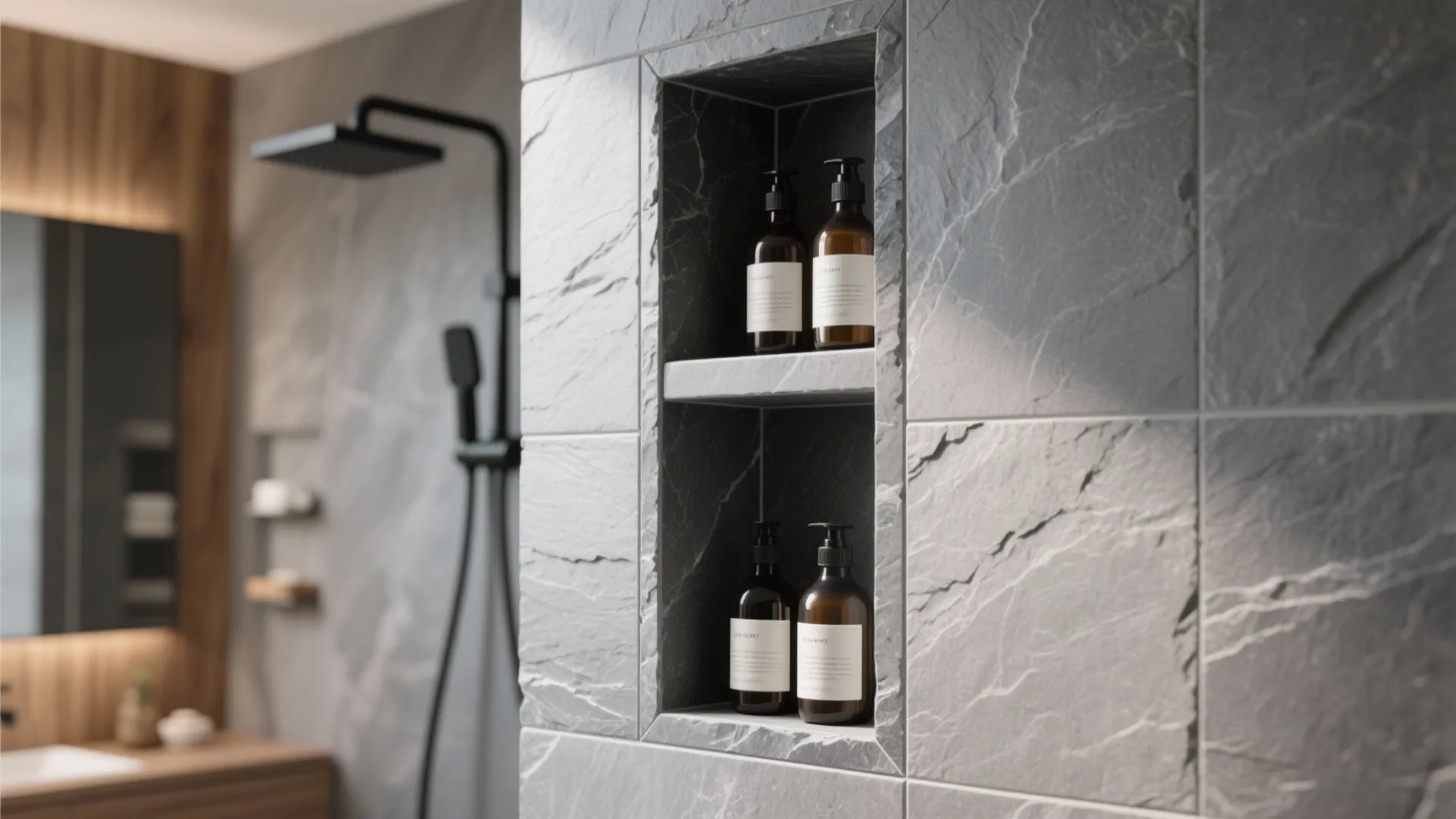 Minimalist slate niches that double as storage