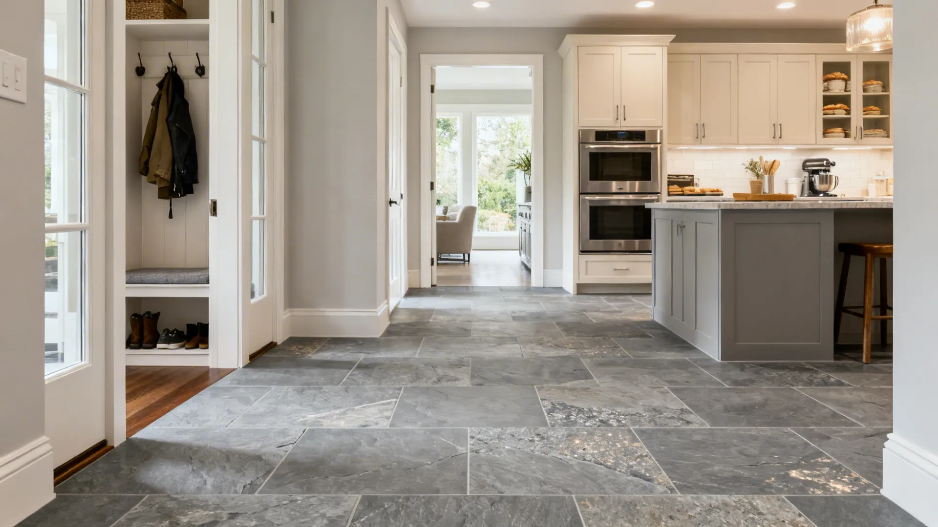 Open-plan kitchen with slate-grey stone-look porcelain flooring flowing into the entry.