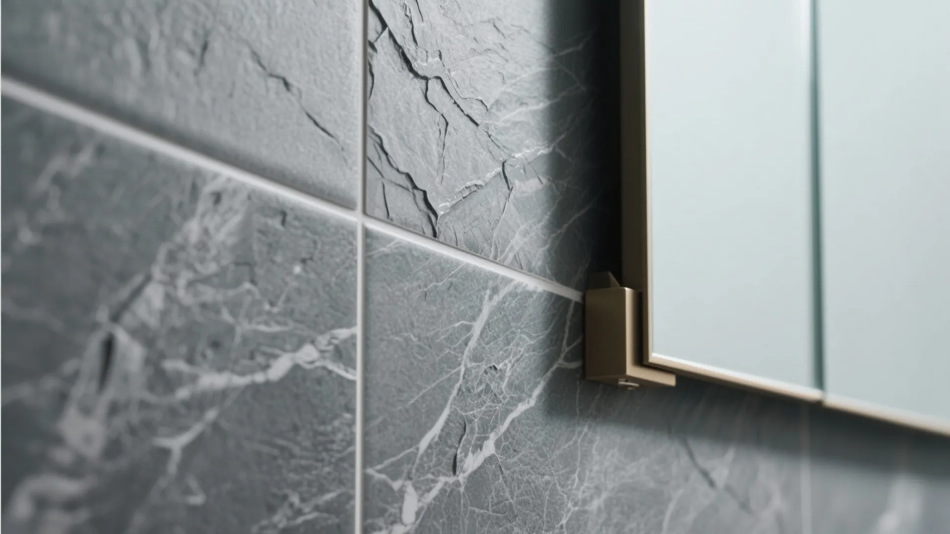 Macro of slate-look porcelain panel with mirror edge and concealed cabinet detail.