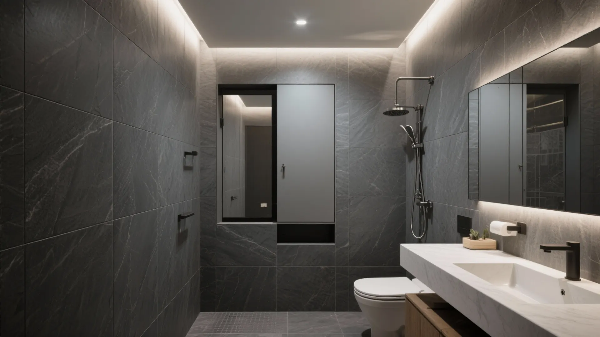 Micro-ensuite with full-height slate-look panels and a pivoting mirror concealing storage.