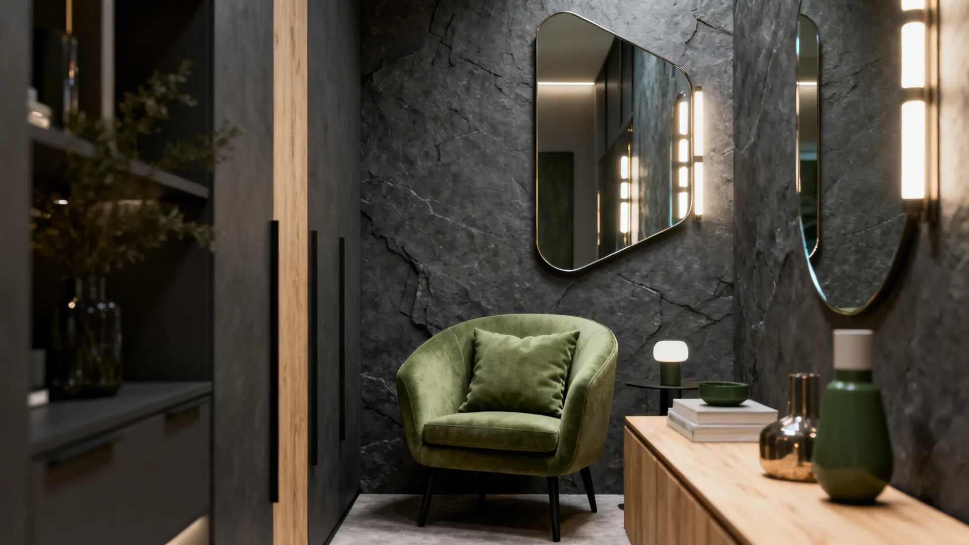 2. Slate Grey Walls with Sage Accents