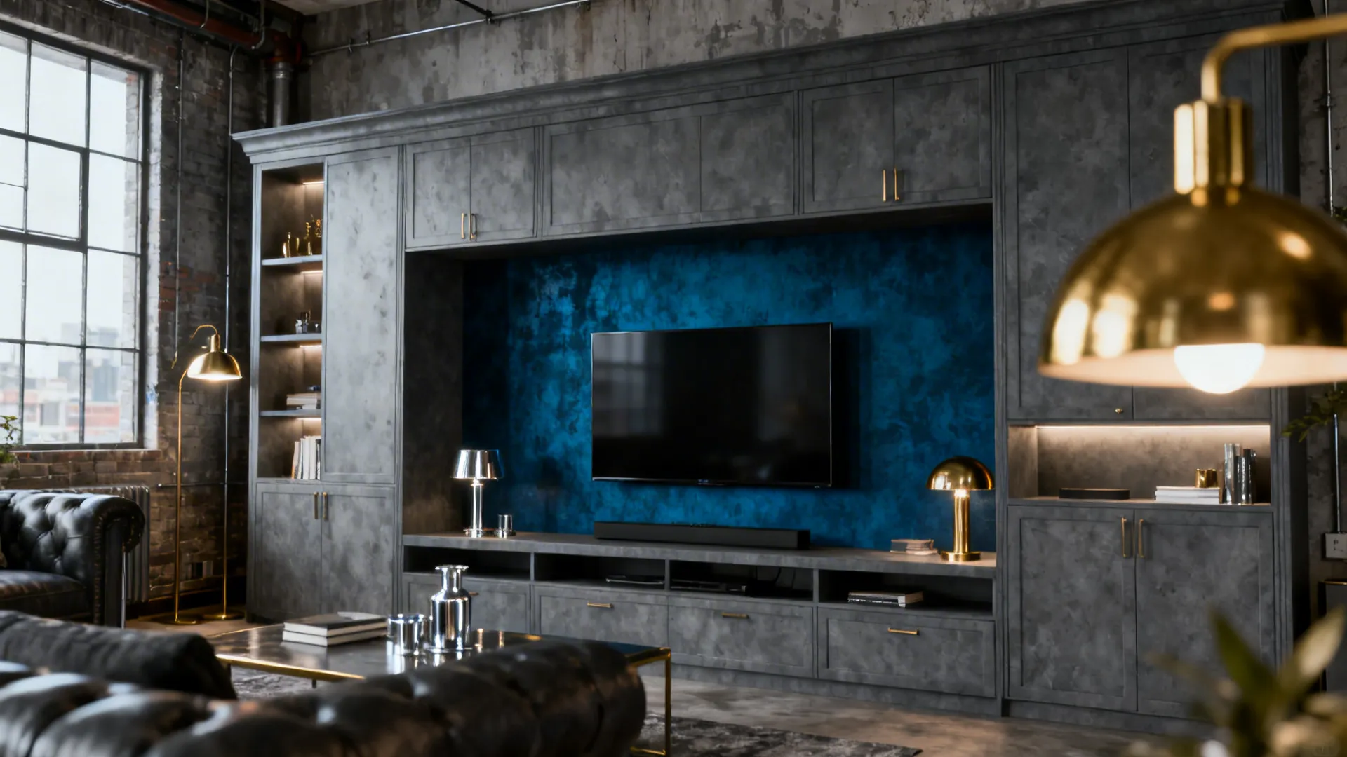 Urban loft with slate gray cabinetry and a deep sapphire accent wall with metallic accents