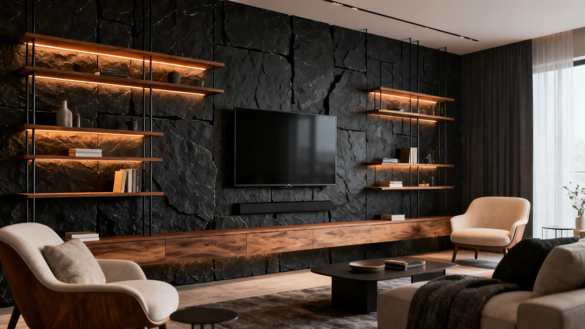Slate slab accent wall with floating wood shelves around a wall-mounted TV and warm shelf lighting