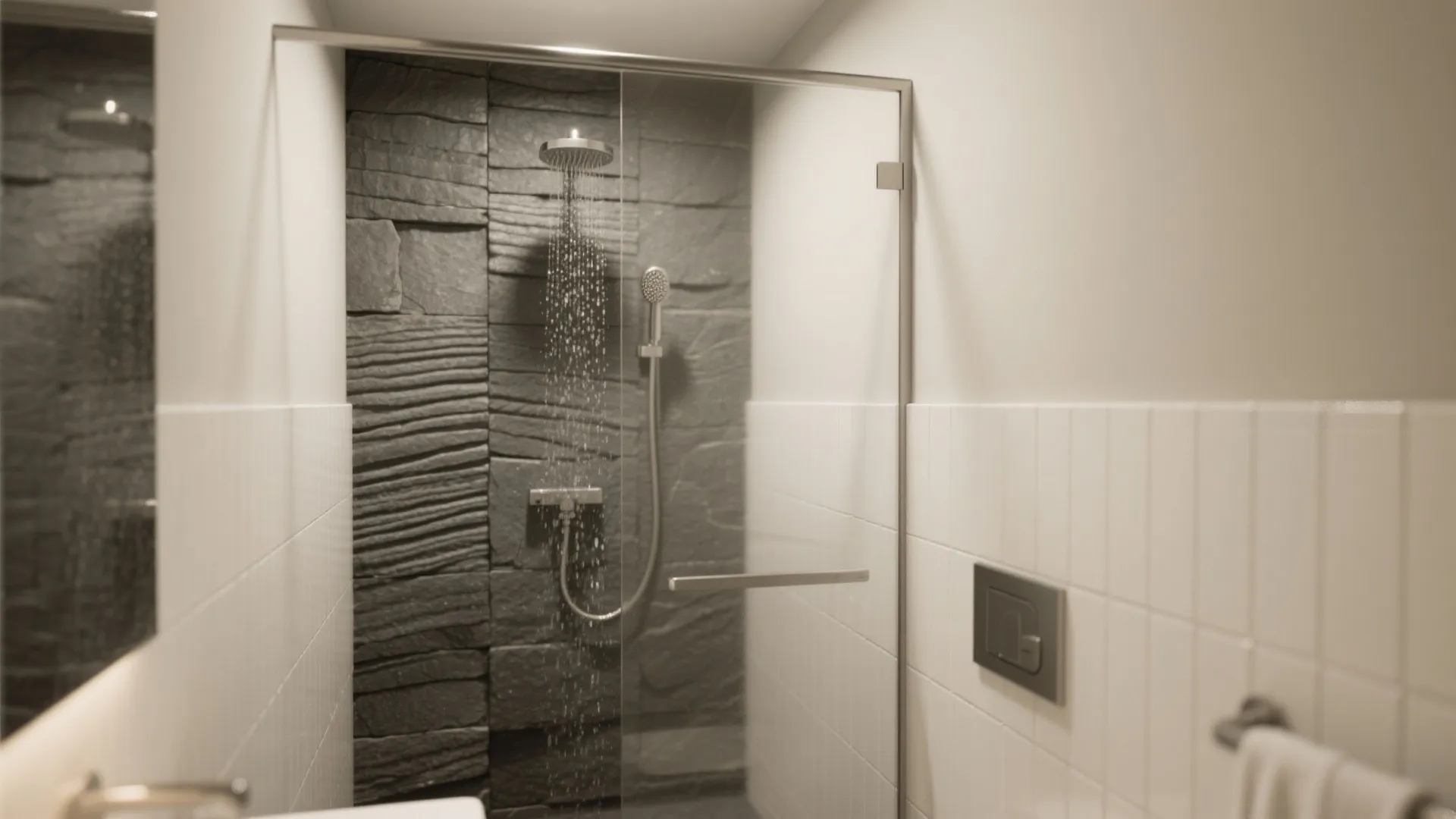 Modern bathroom shower featuring dark grey textured stone wall glass door and chrome shower head