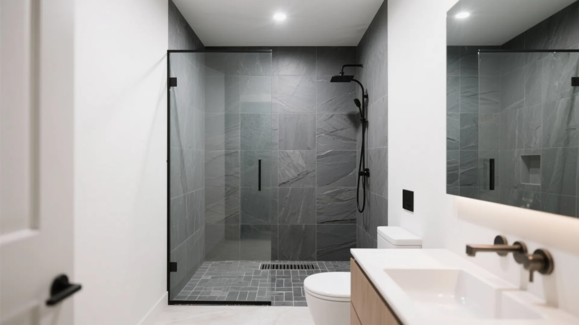 Seamless slate shower walls with clear glass