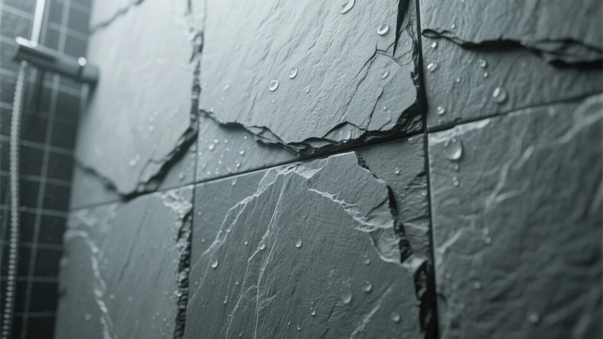 Dark grey stone wall tiles with water droplets on the surface in a modern shower
