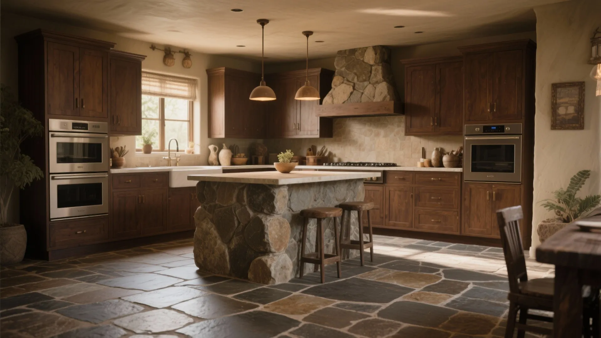 Rustic kitchen with dark wood cabinets stone island stone floor and hanging ceiling light fixtures