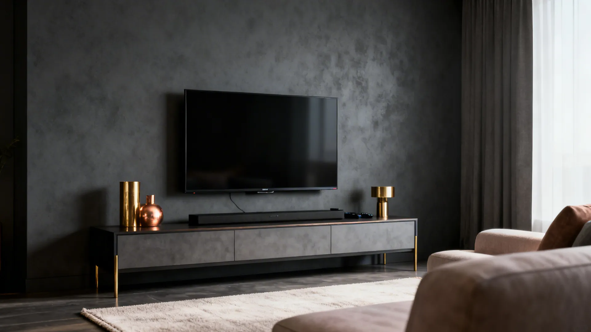 Media corner with moody slate matte wall behind TV, brass accents and light rug for contrast.