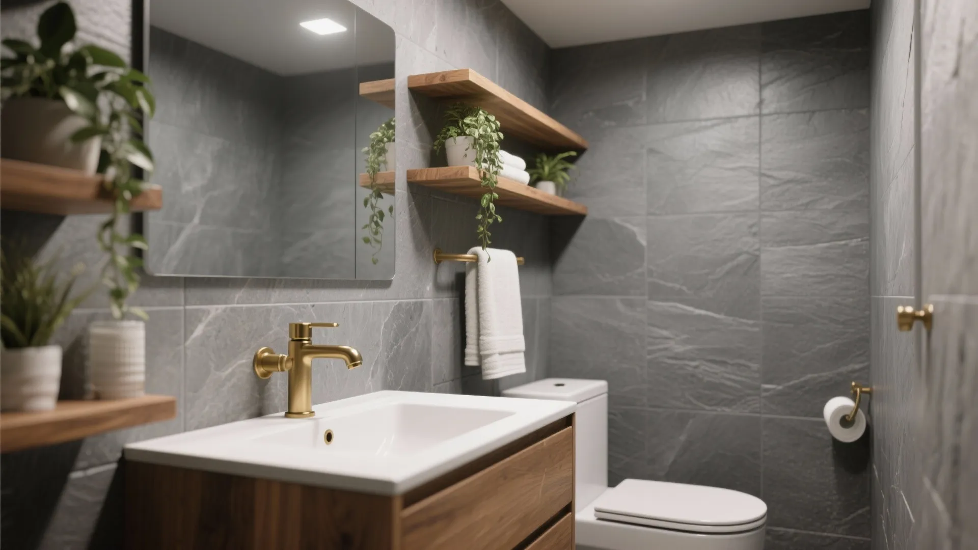 Modern bathroom with grey stone tiles wooden cabinet gold faucet white toilet and wooden wall shelves