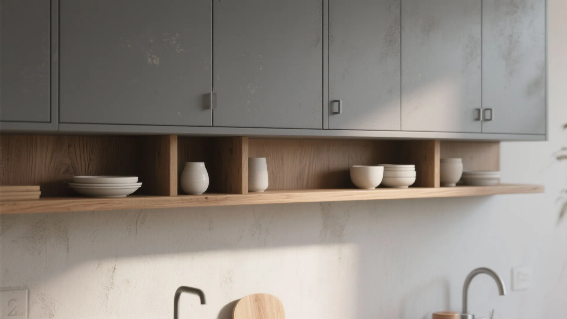 Slate grey cabinets paired with warm wood open shelves showing grain and simple ceramics.