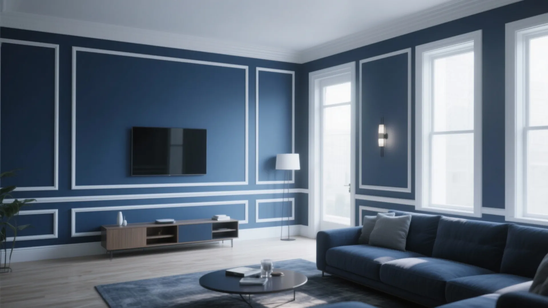 Contemporary living room with slate blue walls and crisp white trim highlighting high-contrast modern detailing.