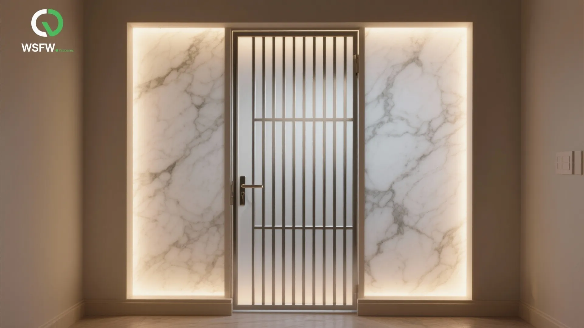 Modern metal glass door with vertical slats between marble wall panels featuring warm backlight effects