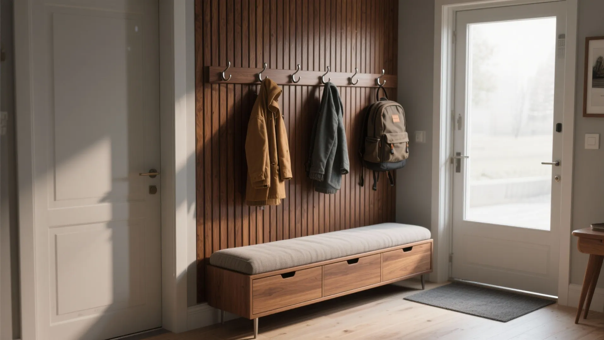 Warm wood slats with bench and hooks