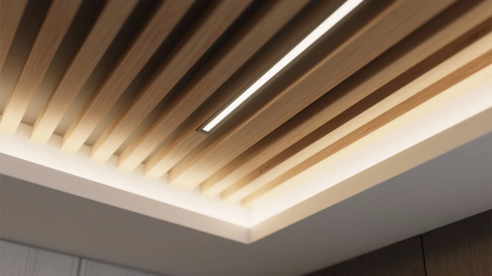 Macro view of wood slats radiating from a gypsum tray ceiling with warm linear lighting and crisp edges