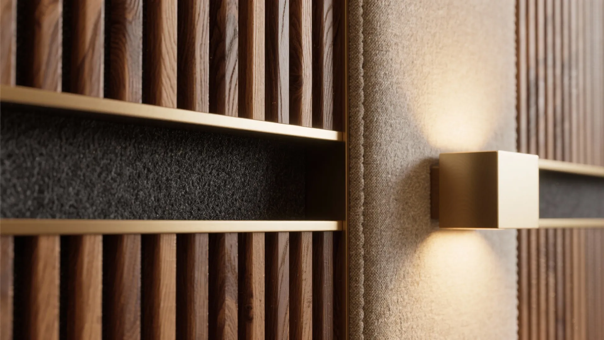 Close up of wooden wall panel with gold trim and square gold wall light fixture