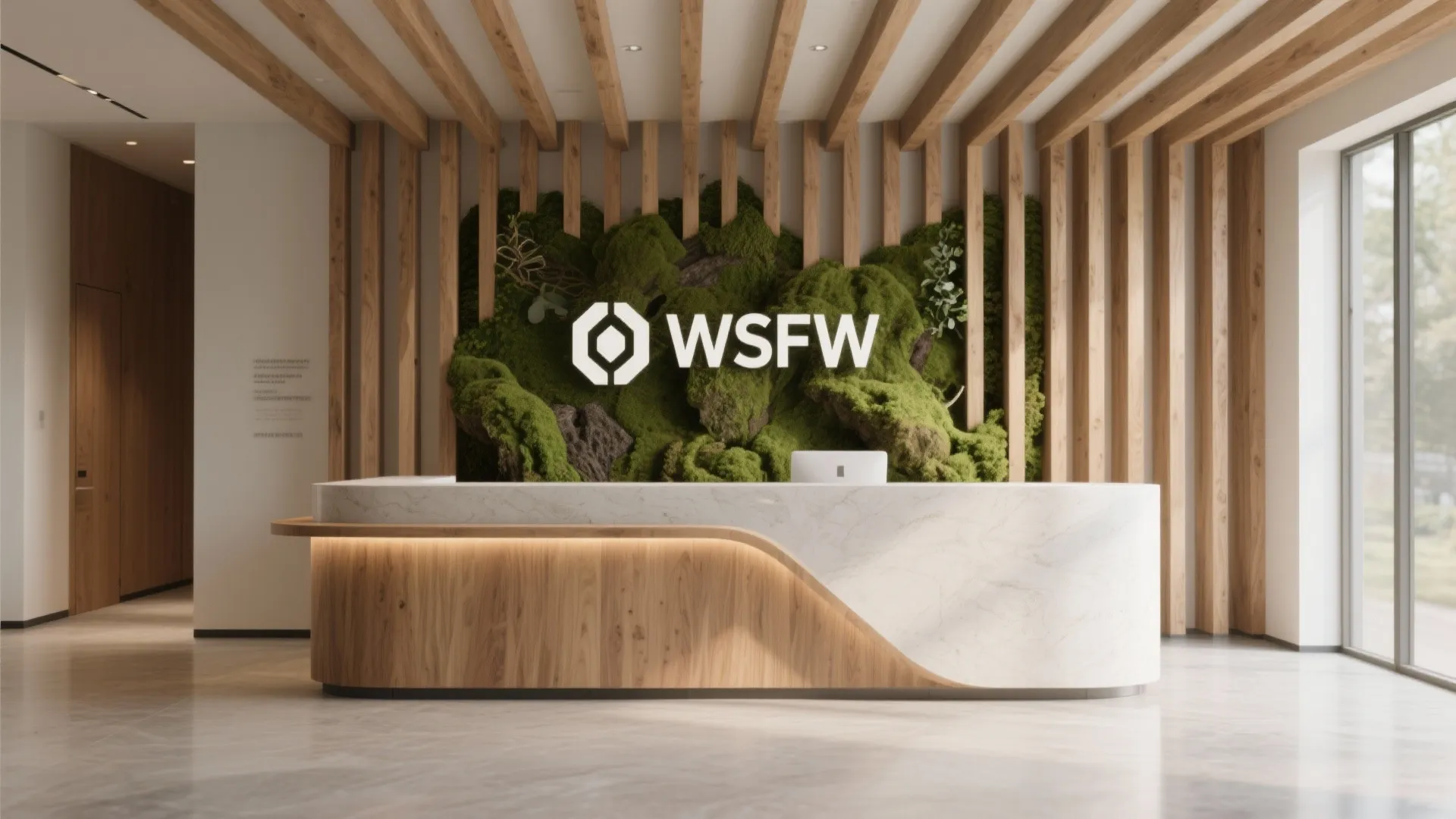 Reception desk with wood and marble finish featuring a green moss wall and wooden slats