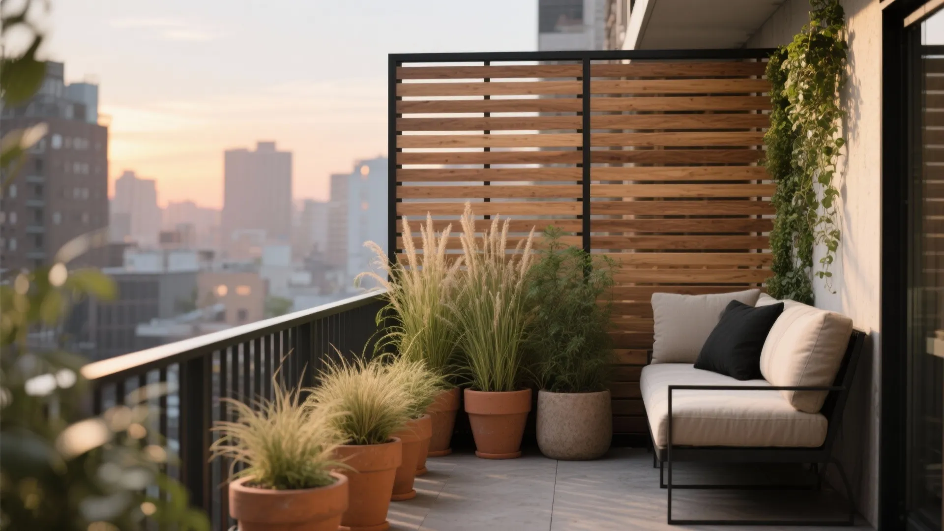 Urban balcony featuring a wooden wall panel cream sofa several clay pots and city view