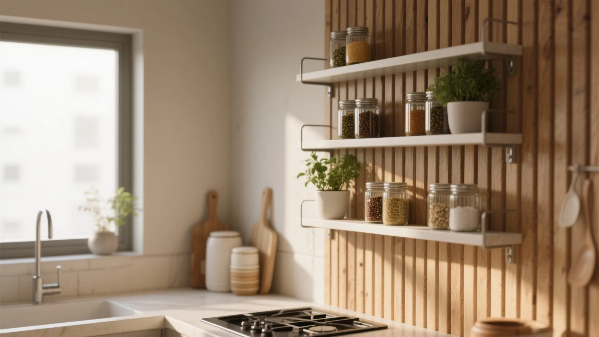 Compact kitchen wall with slats and thin floating shelves holding herbs and spices, showing functional storage.