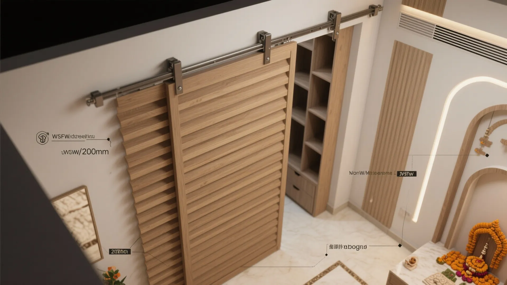 Top-down view of sliding slat partition system with track and slim storage, showing clear circulation.
