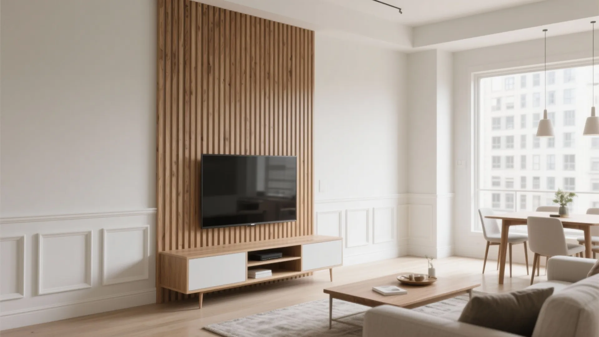 Modern living room with wood wall panel television cabinet coffee table sofa and dining area
