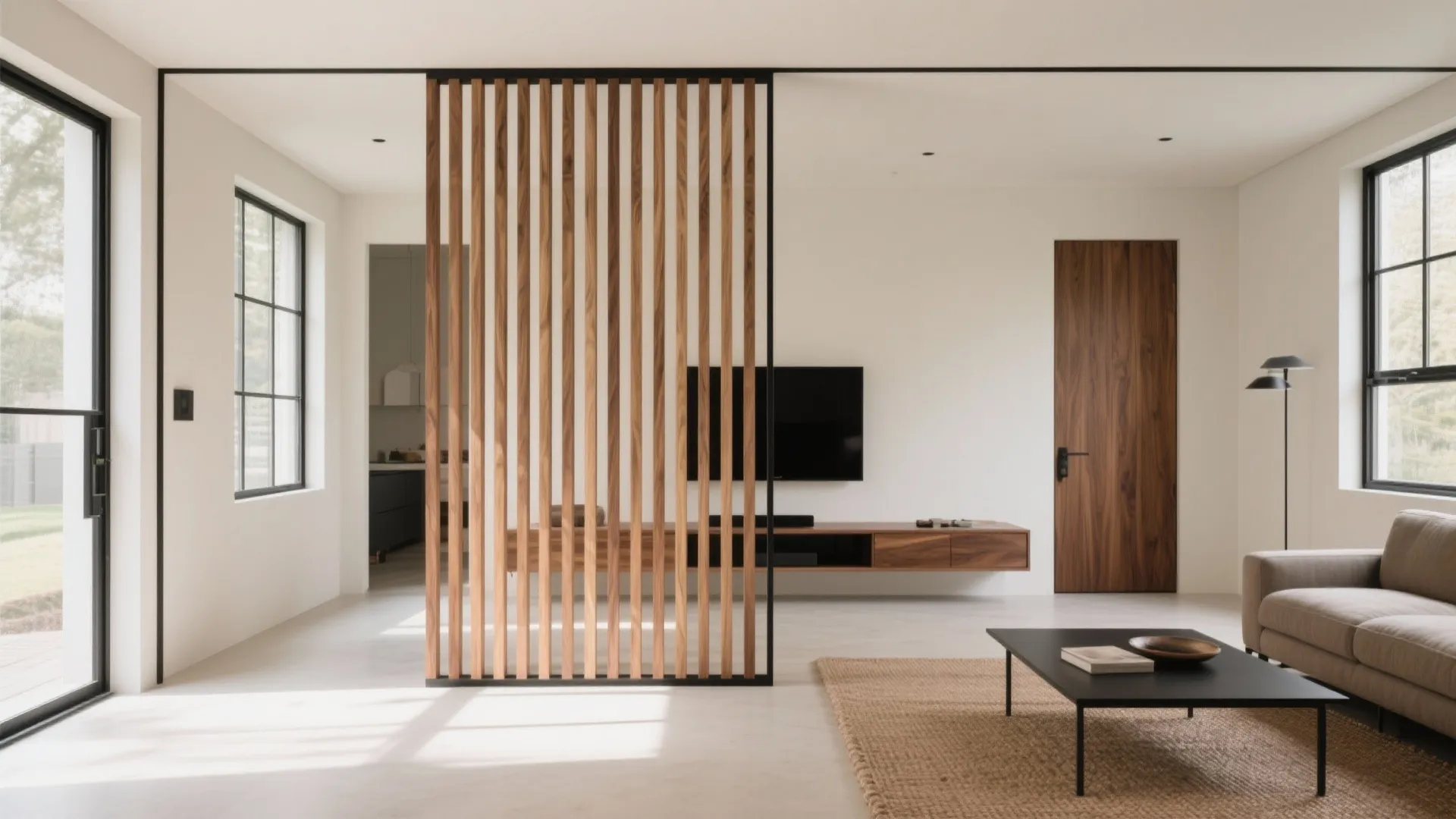Modern living room with wooden slat wall partition brown sofa black coffee table and bright windows