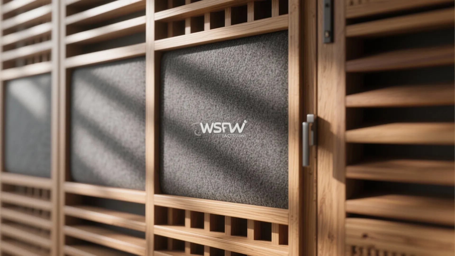 Close up view of wooden wall panel with grey acoustic foam inserts and soft natural light