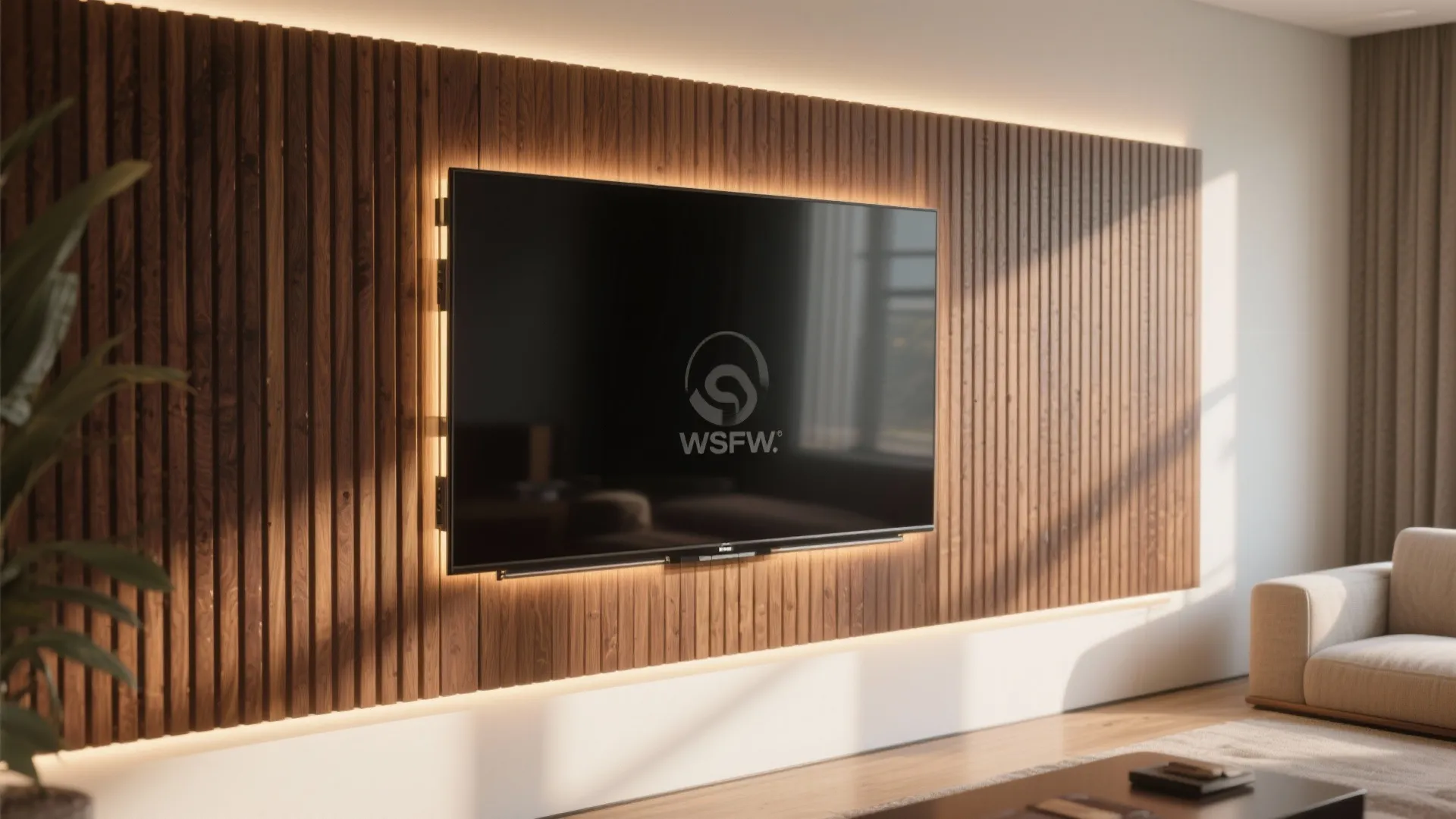 Living room television mounted on a dark wood wall panel with warm orange back lighting