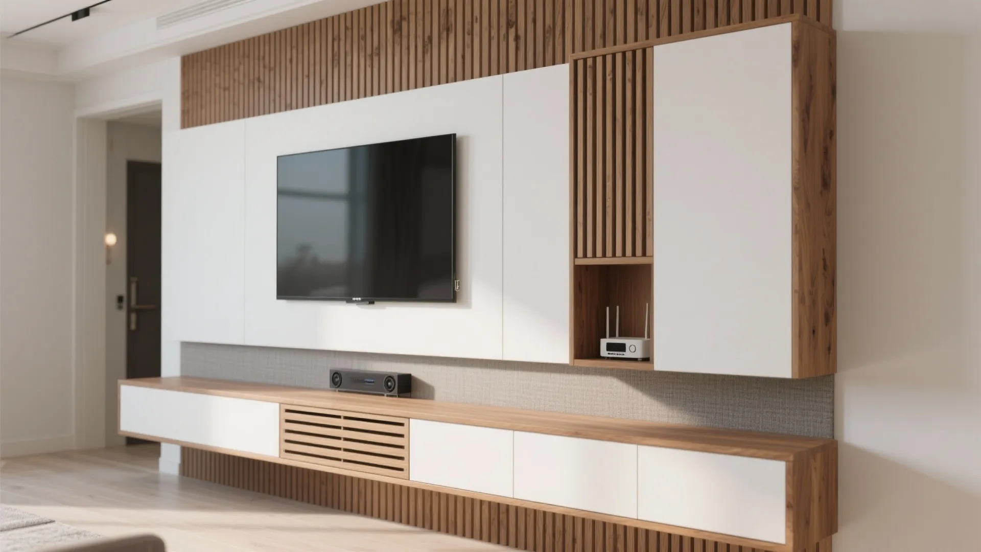 Modern television area with decorative wood wall panel strips white storage cabinets and a shelf