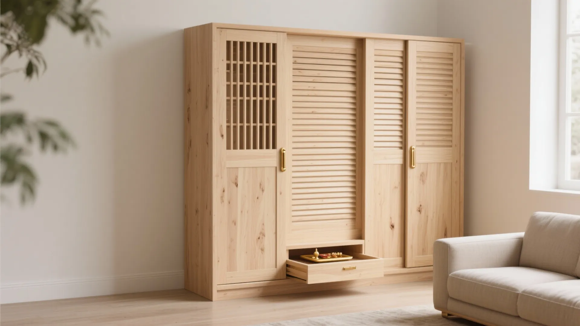 2) Ventilated plywood pooja cabinet with slatted doors