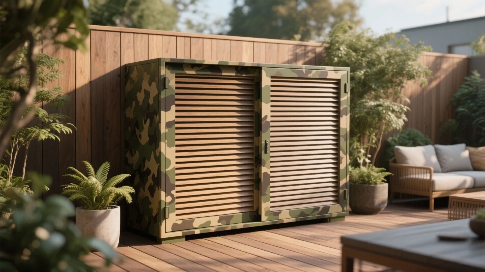 Outdoor camouflage storage cabinet with wooden slats on a deck surrounded by green garden plants