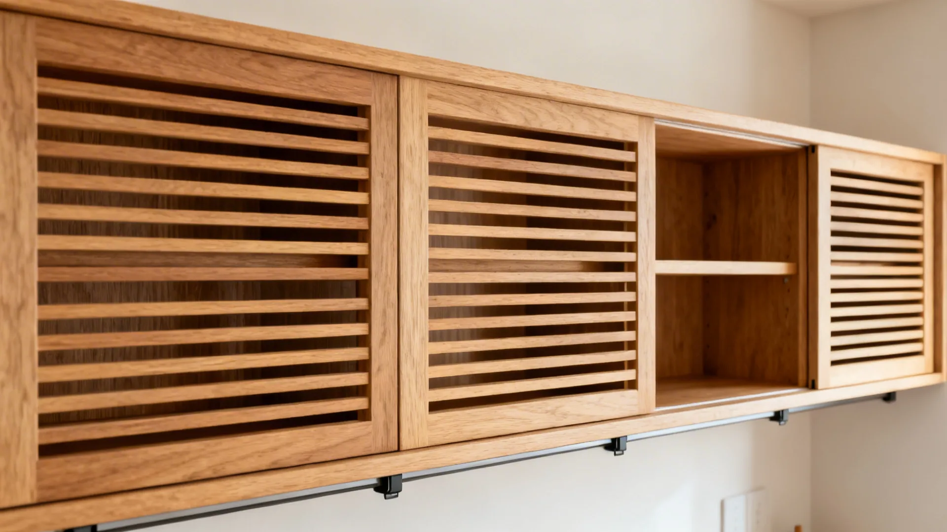 Horizontal oak slatted screens on tracks partially covering open kitchen shelves.