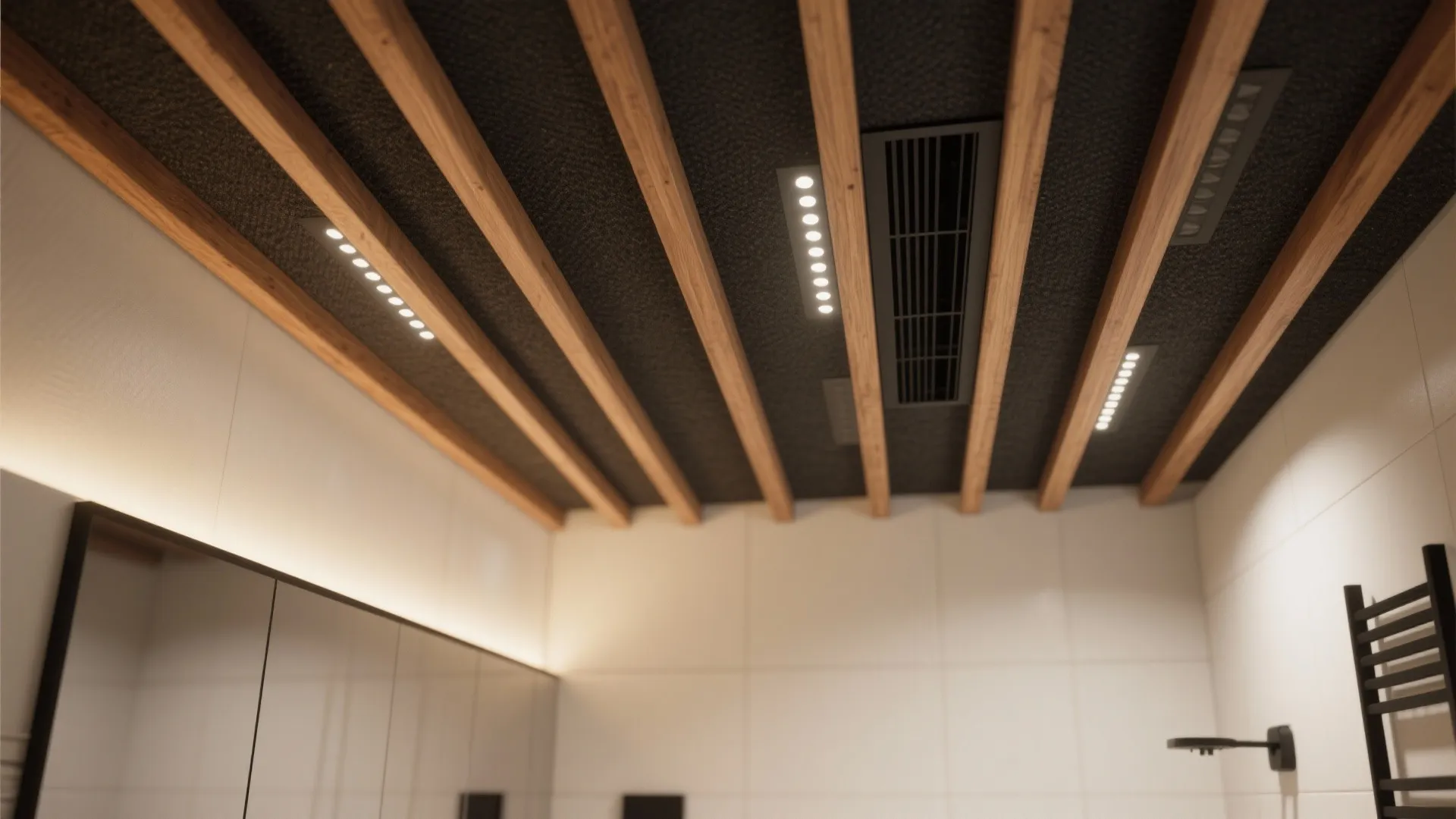 Modern bathroom ceiling featuring dark textured surface with wooden slats and integrated linear light fixtures