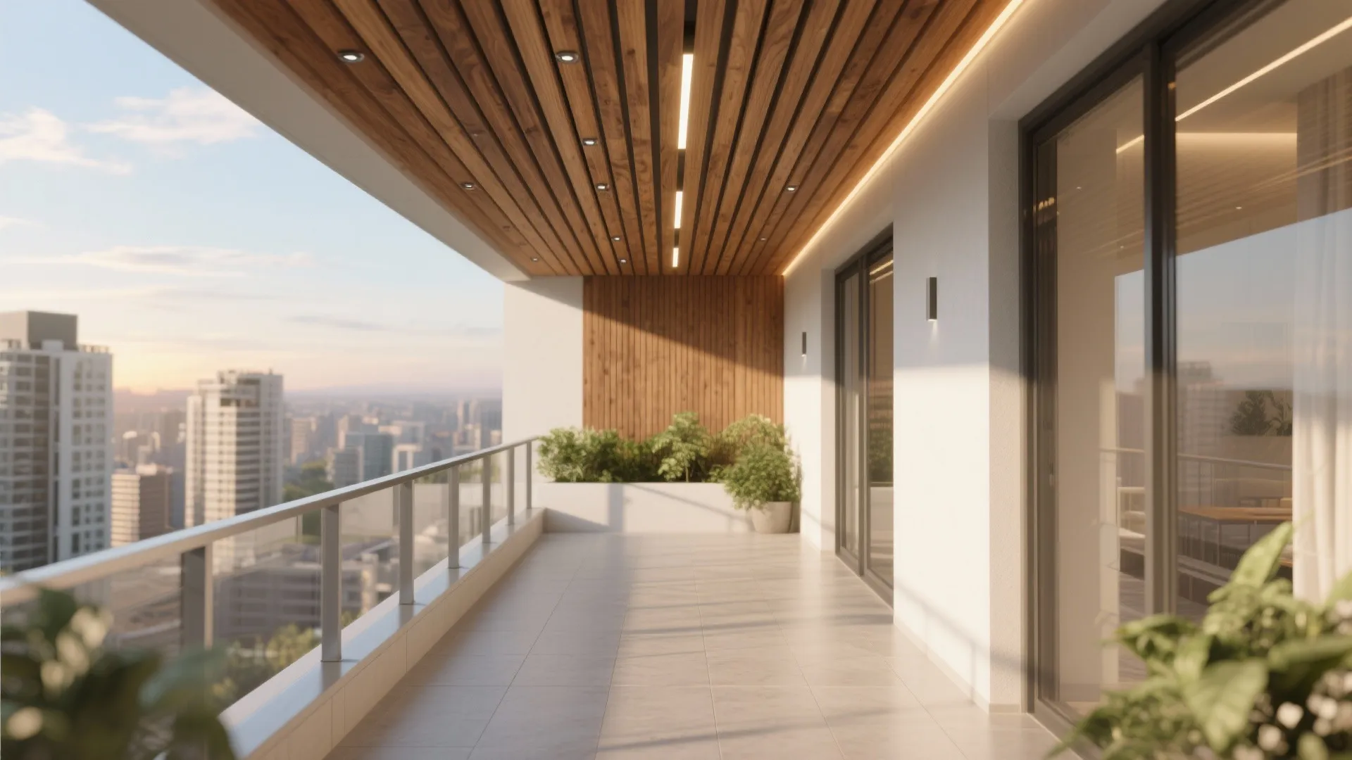Long balcony design featuring wooden ceiling with light fixtures glass railing and city skyline view