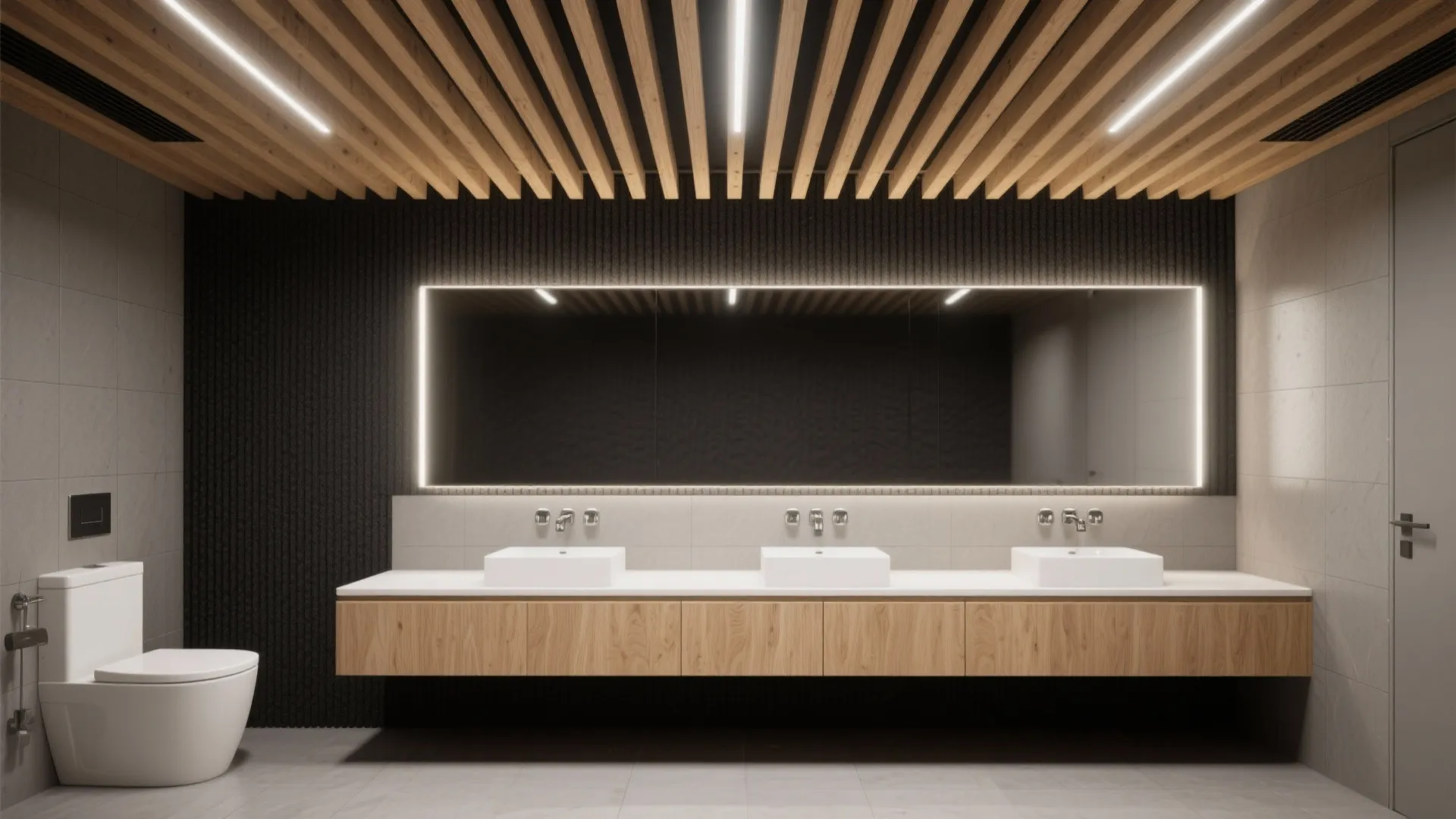 Slatted or micro‑panel ceiling for acoustics and easy access