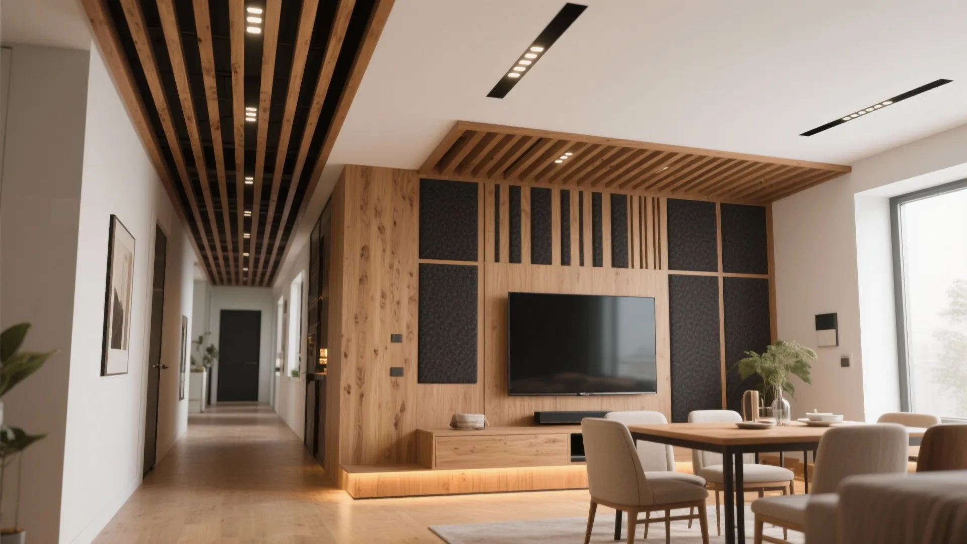 Textured or Slatted Ceiling for Warmth + Acoustics