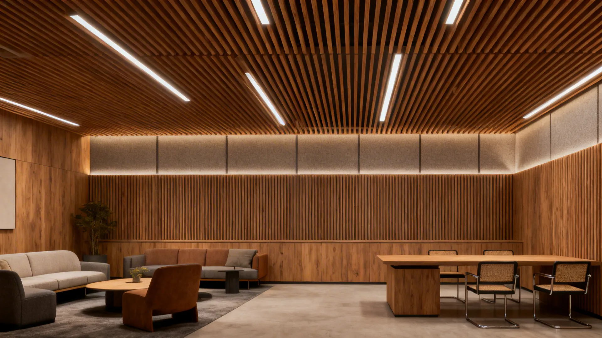 Modern living room with horizontal slatted wood ceiling and integrated linear lighting
