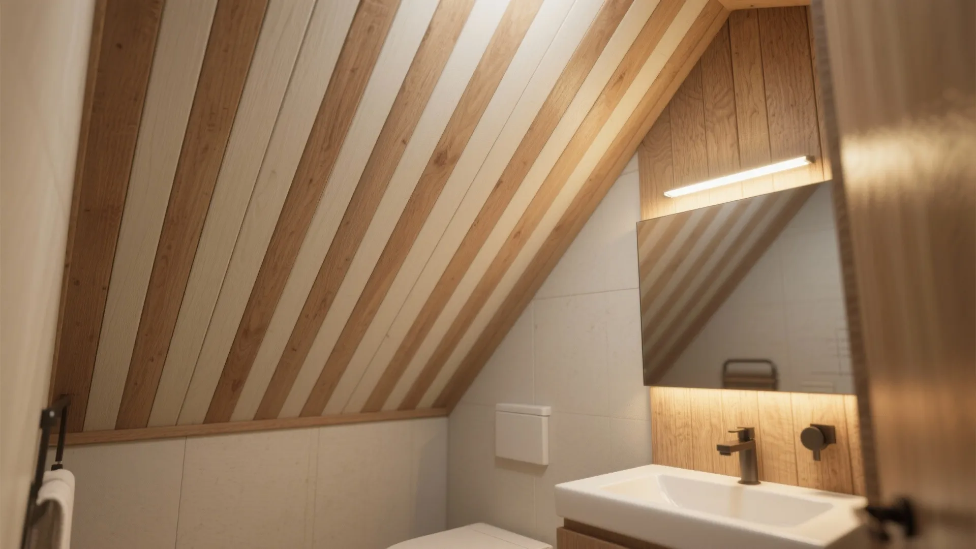 Modern bathroom with slatted wood ceiling vanity unit mirror wall light and white tiled walls
