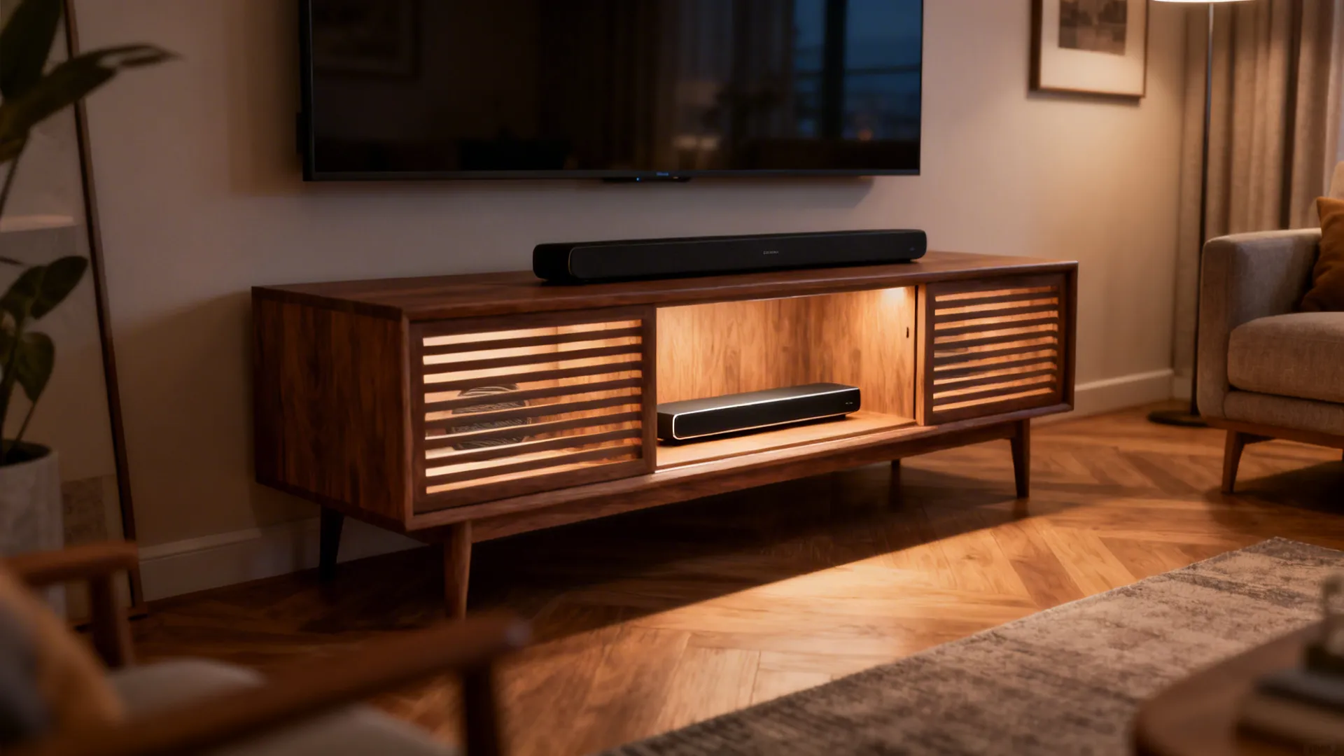 Low-profile console with slatted fronts and a compact soundbar in a small living room
